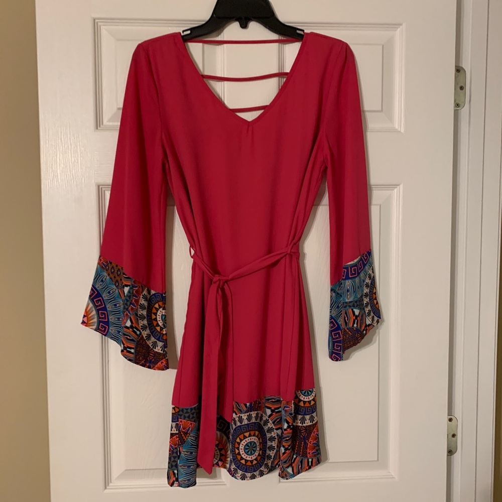 Pink and colorful, long sleeve flowy dress